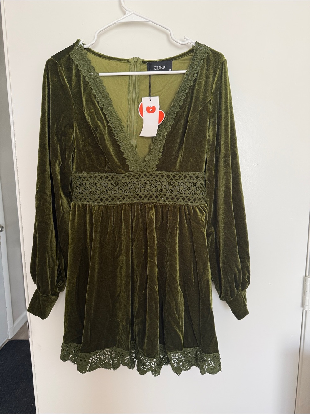 Cider Olive Velvet Lace-Trim V-Neck dress
